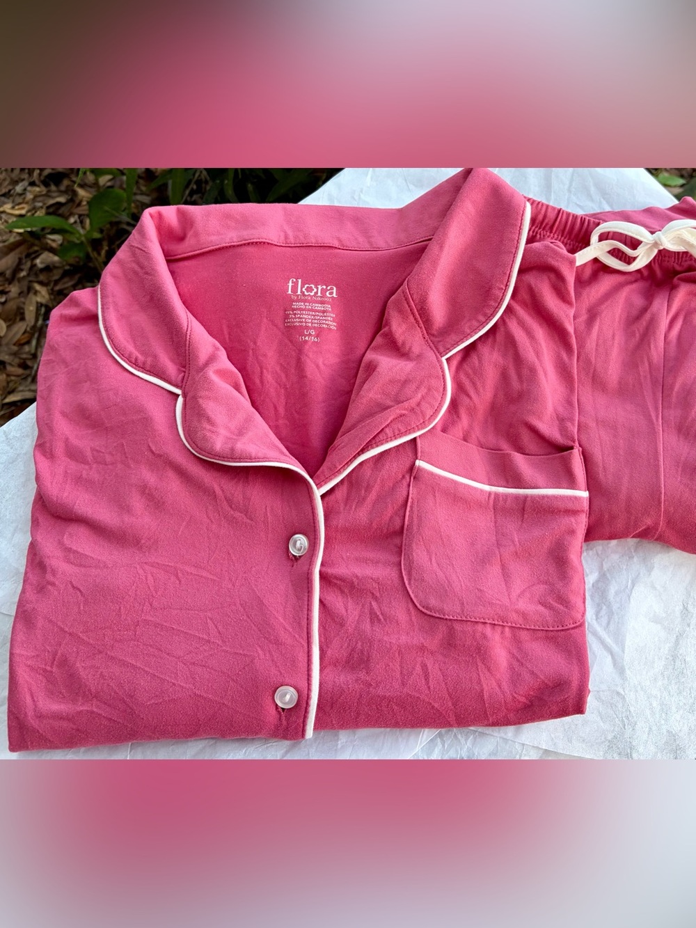 💝🎀 NWOT FLORA NIKROOZ Rose Pink Pajama Set with Cream Piping 🎀💝